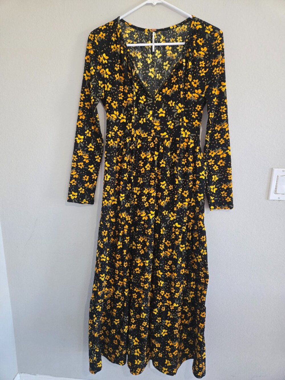 Free People Tiers of Joy Long Sleeve Midi Dress XS Yellow prairie florals